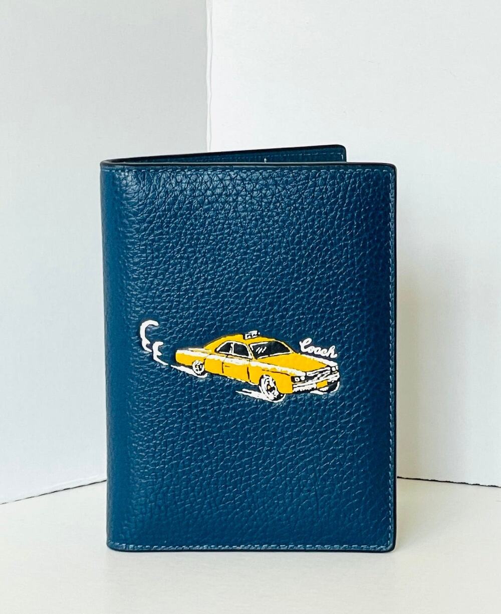 Coach Deep Teal Leather Passport Wallet with Yellow Car Graphic